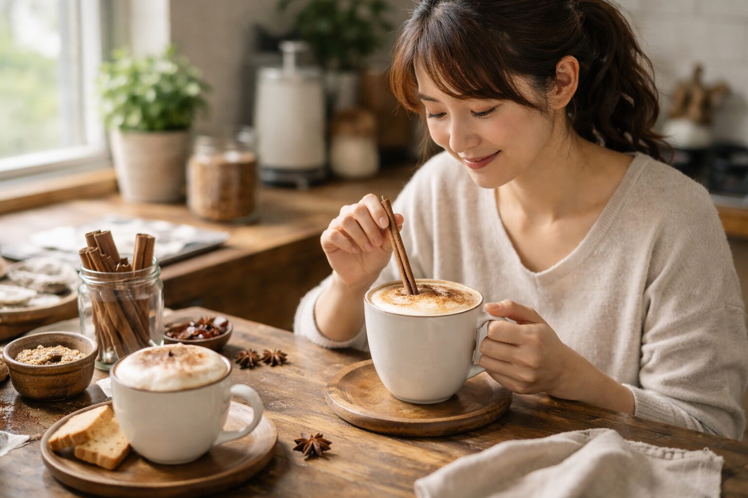 日本人女性が味わうシナモン入りカプチーノ