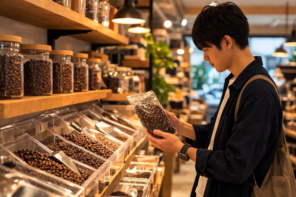 コーヒー豆を選ぶ日本人男性