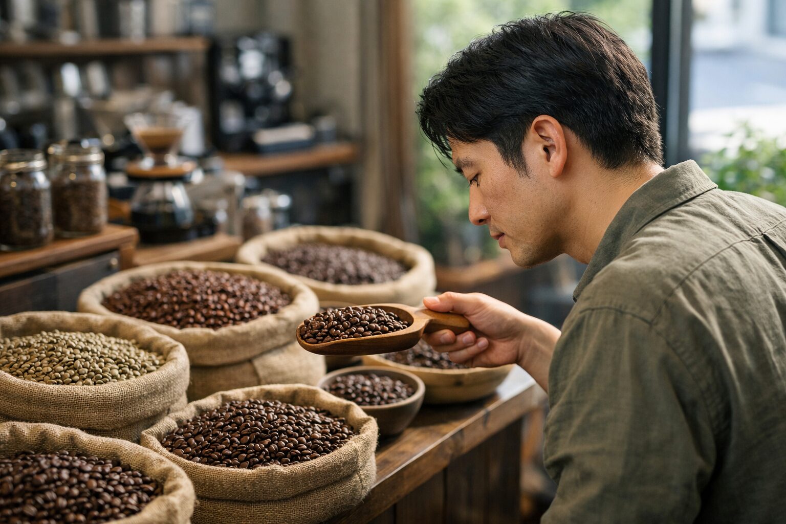 日本人男性がコーヒー豆を選ぶ様子