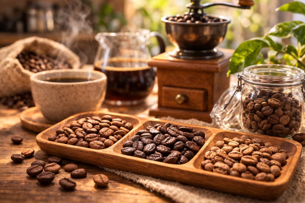 焙煎度別に並ぶコーヒー豆の比較