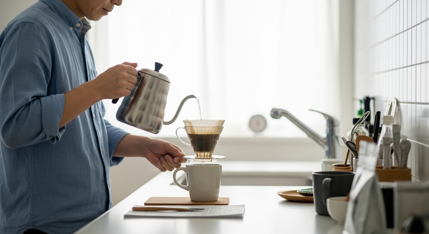 日本人男性がペーパーレスドリッパーで抽出