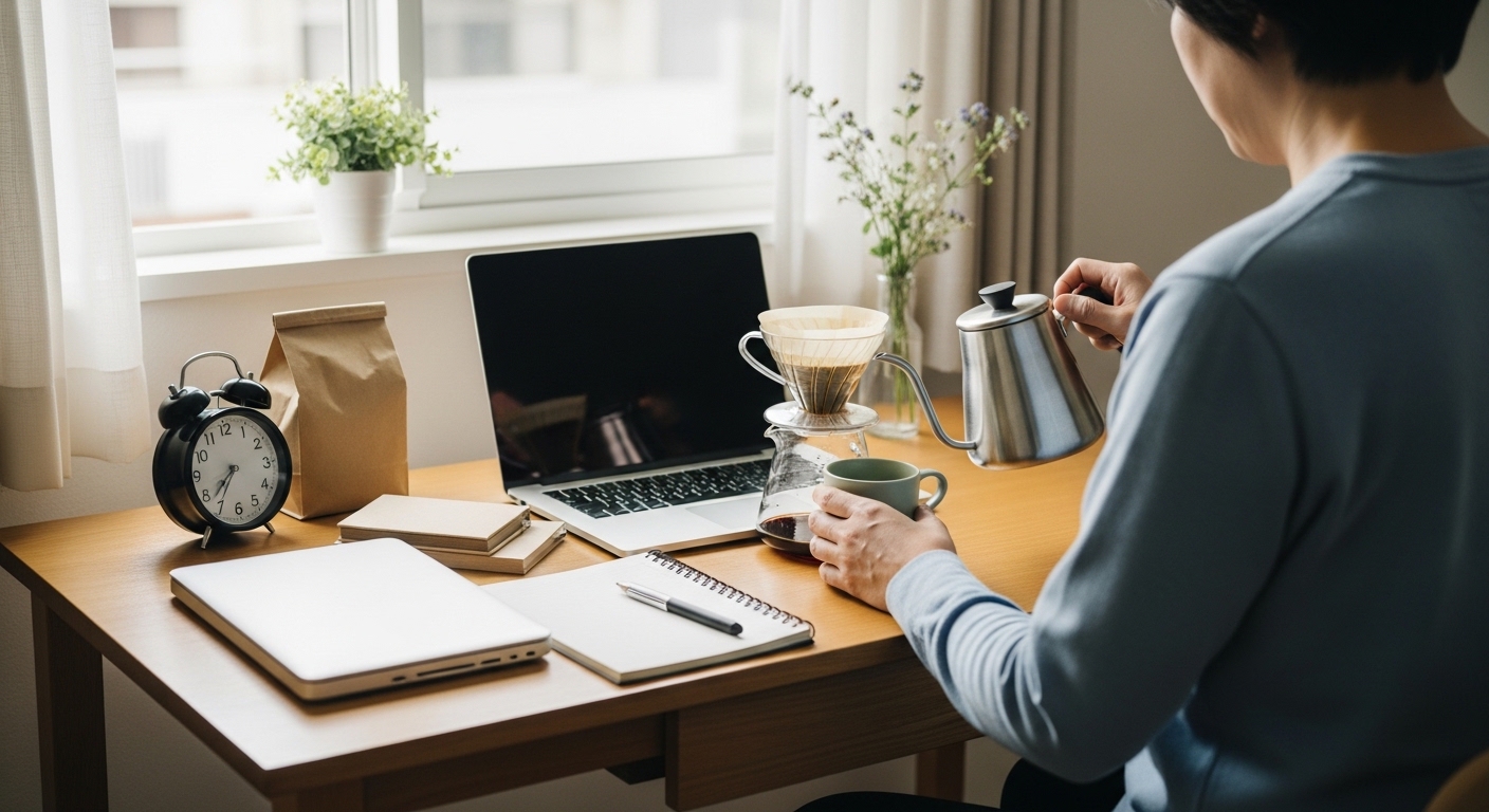 日本人女性がセリアの100均コーヒーアイテムでコーヒーを楽しむ様子
