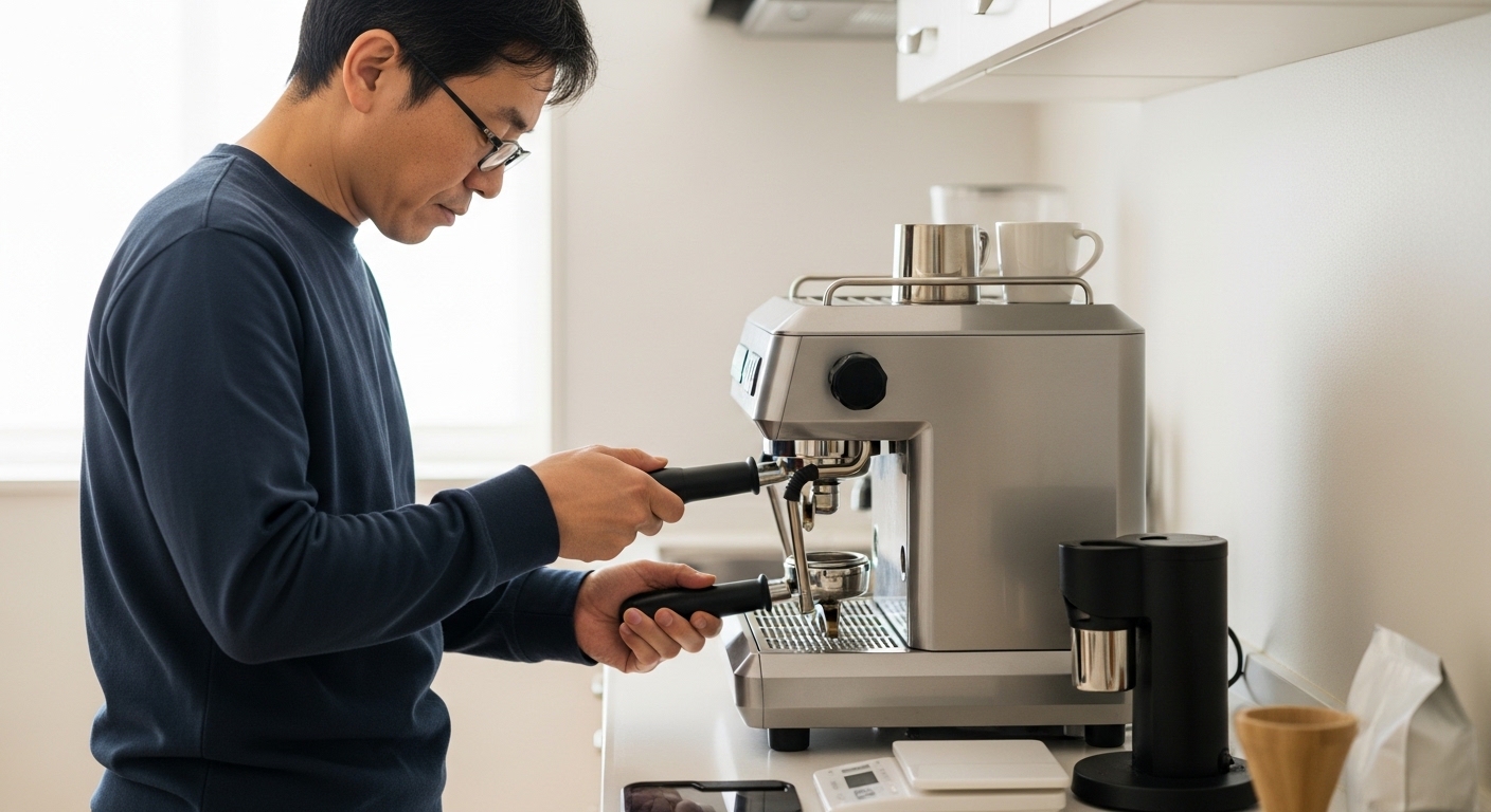 ネルドリップの手入れ方法を確認しながら、男性がコーヒー器具を丁寧に洗浄している様子を表すイメージ画像