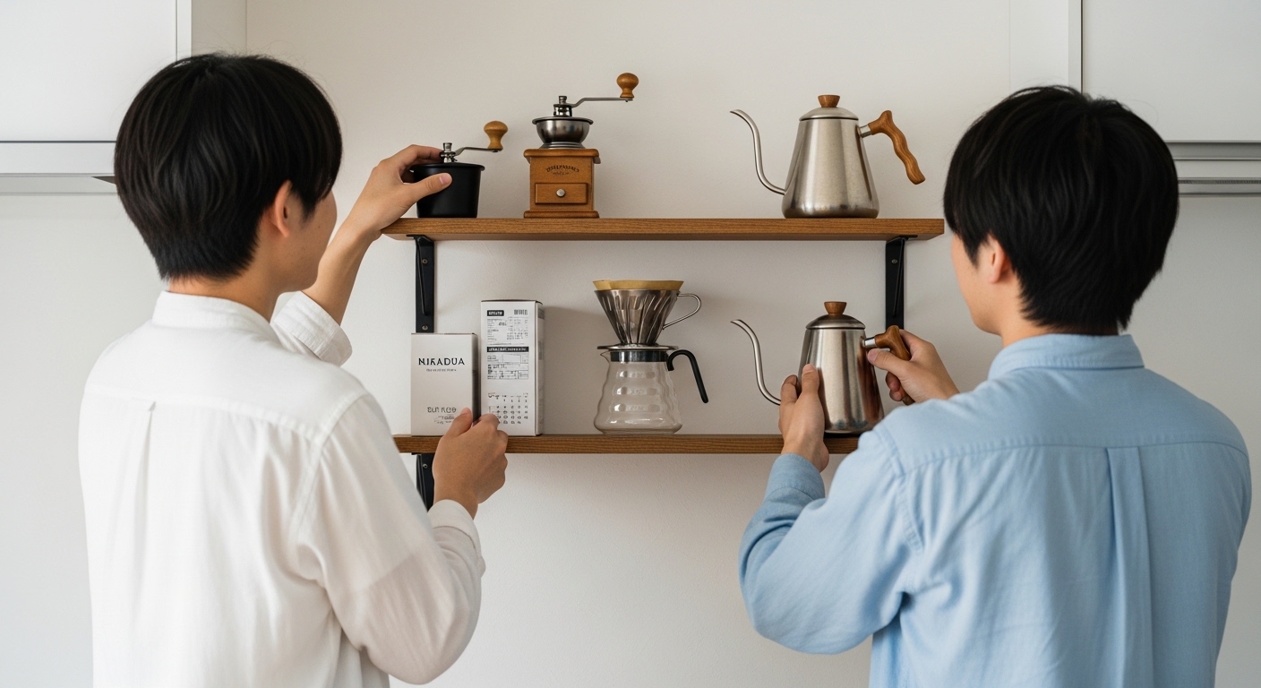 アメリカンコーヒーの割合と作り方を意識しながら、マグカップへコーヒーを注いで味わいを確かめる男性を表すイメージ画像