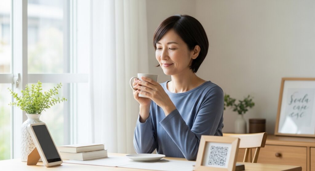 朝にアイスコーヒーを楽しむ日本人女性