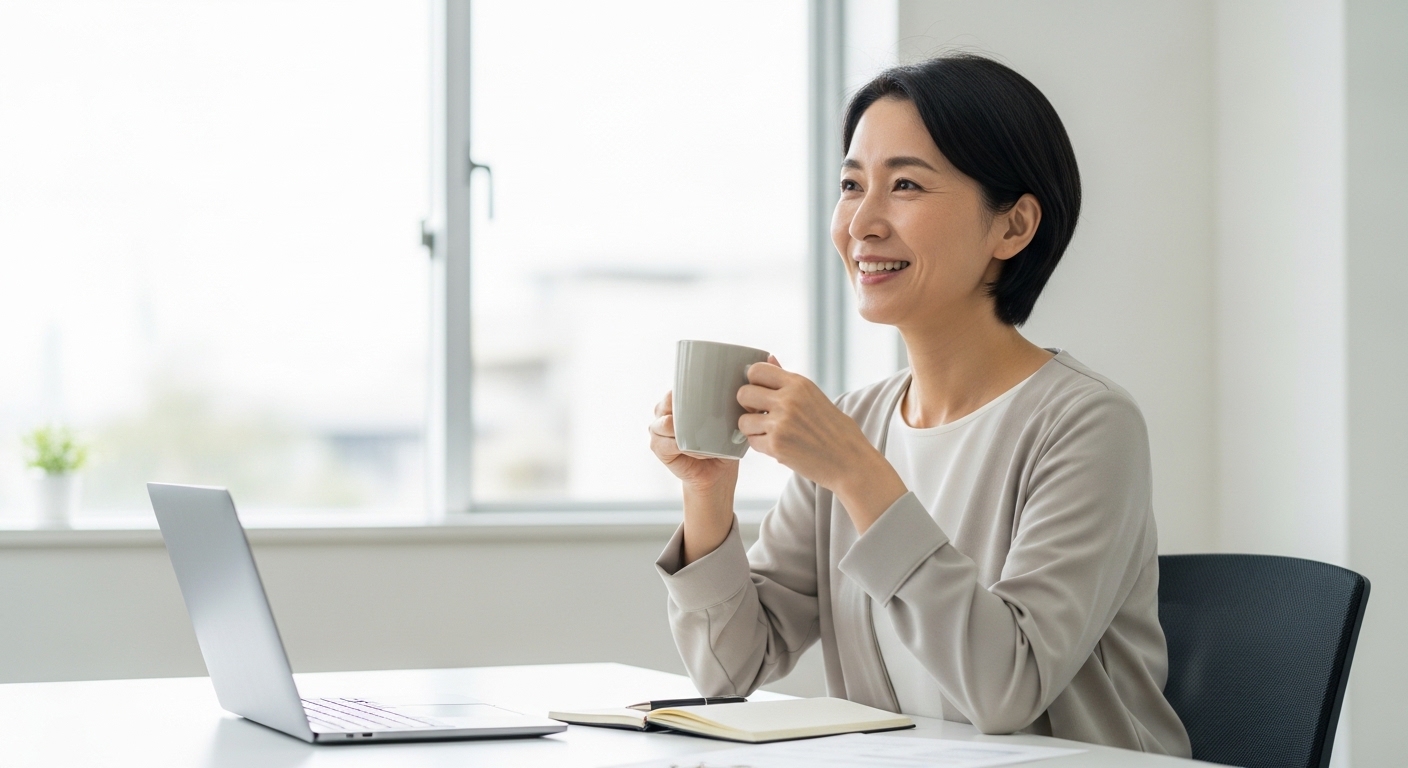 チャコールコーヒーは体に悪いのか調べるため、女性が落ち着いた空間で情報を比較検討しているイメージ画像
