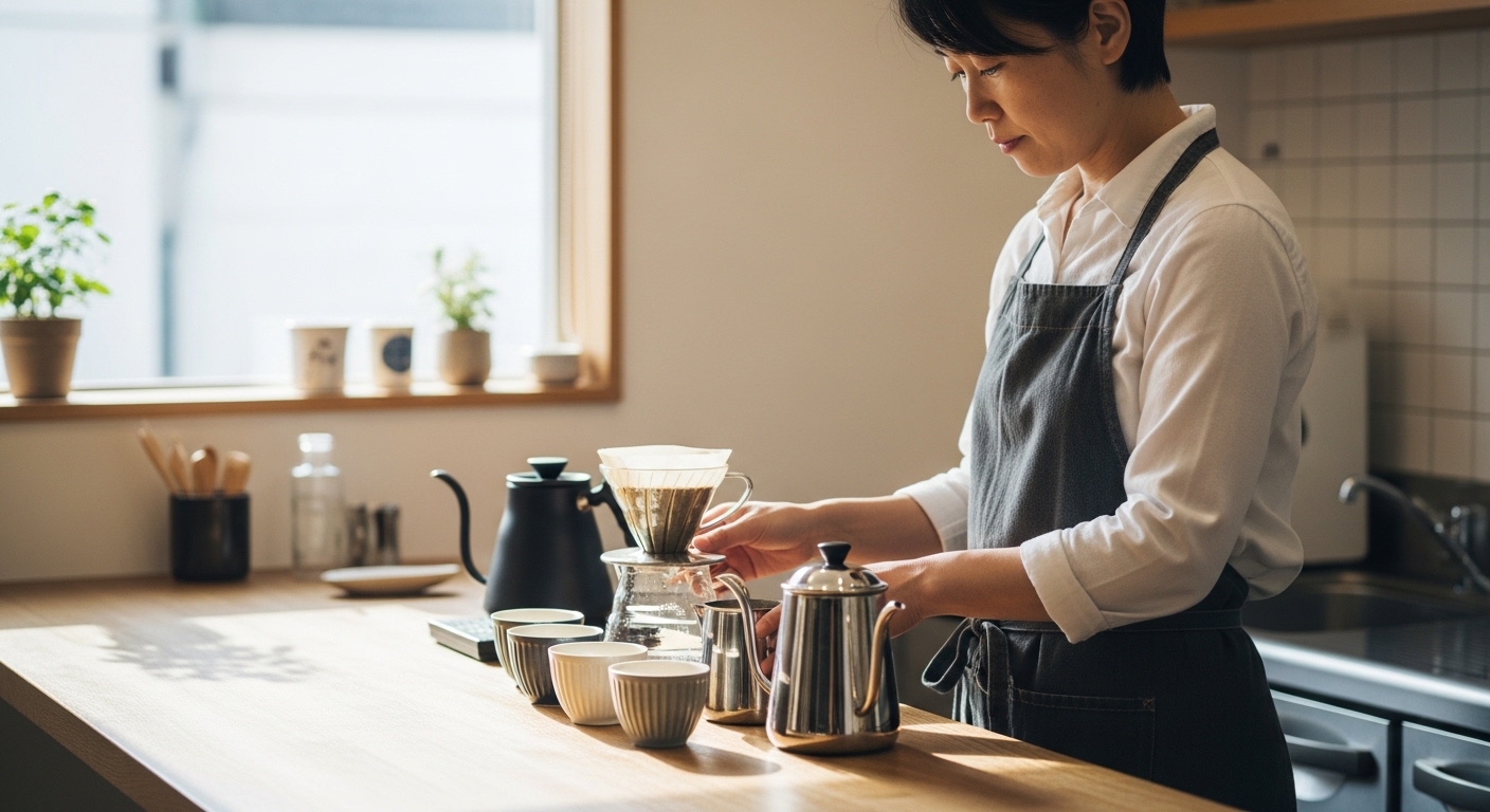 アイスコーヒーシロップと砂糖の違いを試しながら、自宅で味の変化を楽しむ男性のコーヒータイム