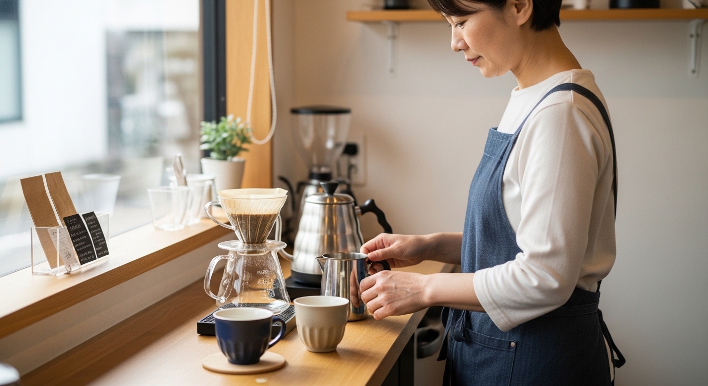 日本人女性が電動コーヒーミルで豆を挽く