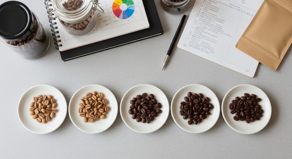 ペルーコーヒーの豆と抽出カップの調和