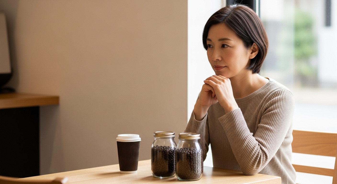 日本人女性が珈琲きゃろっとを試飲