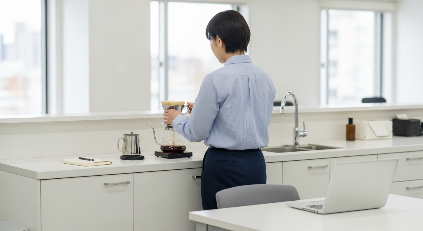 日本人女性がコーヒー粉の微粉を取り除く作業
