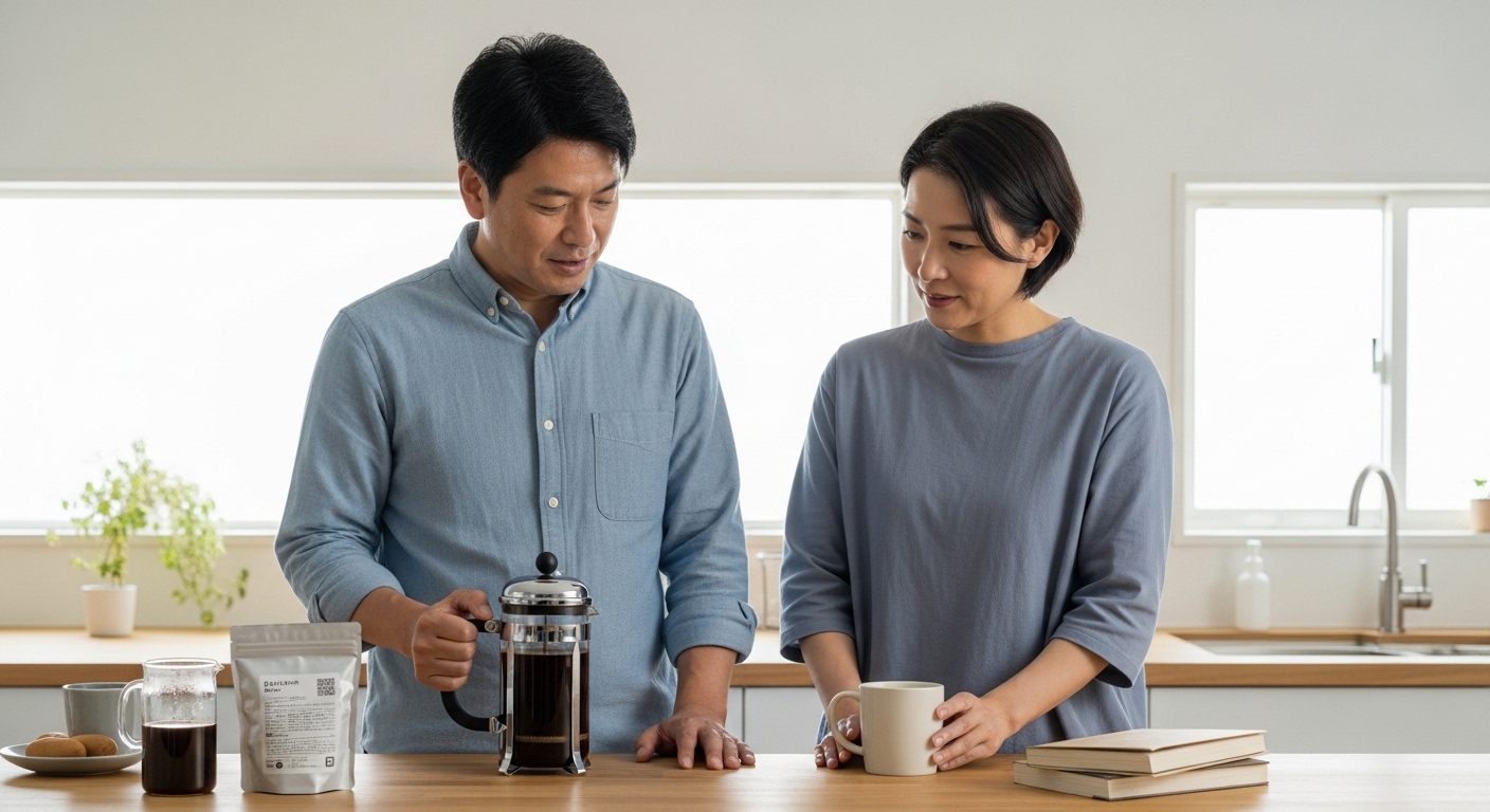 コーヒーの焙煎本おすすめ7選を比較しながら、自宅で焙煎方法を学ぶ男性をイメージした画像