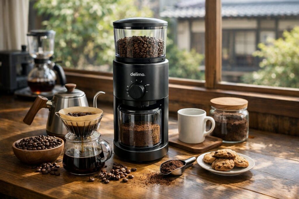 電動コーヒーミルで豆を挽く様子