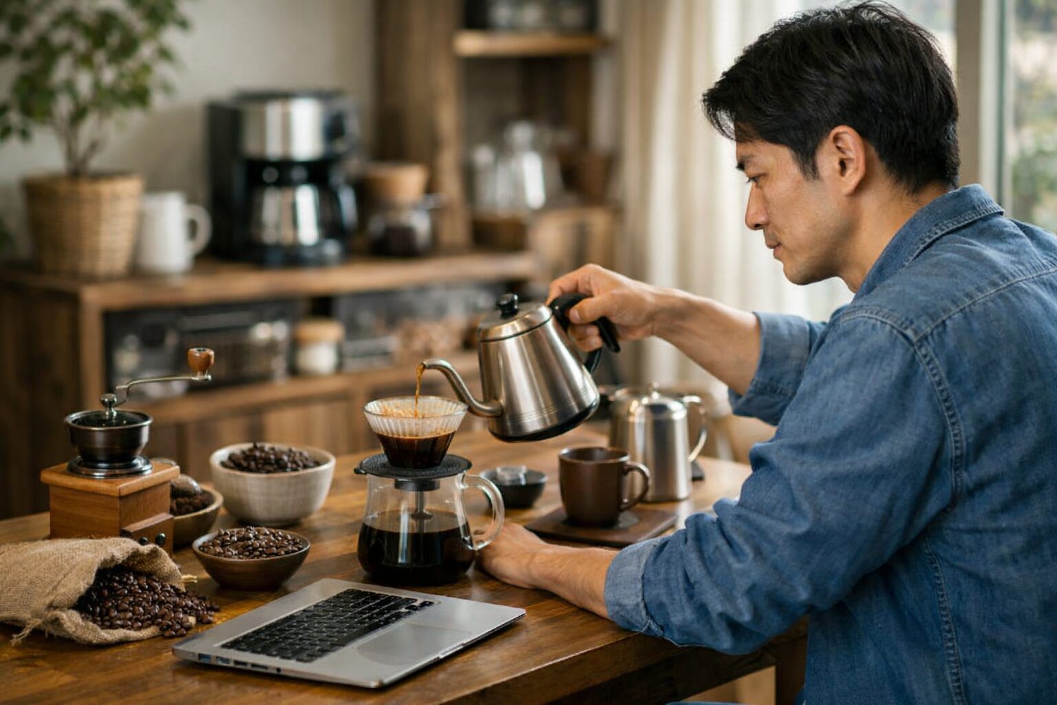 日本人男性がコーヒー副業を行う様子