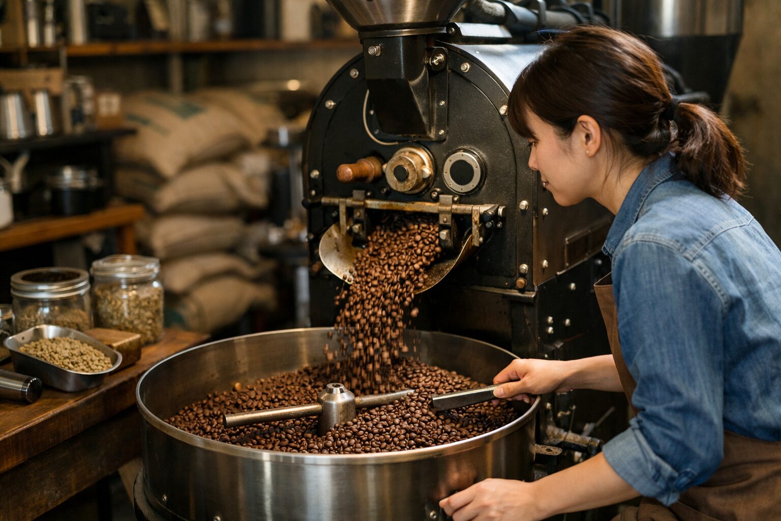 日本人女性のコーヒー焙煎士作業