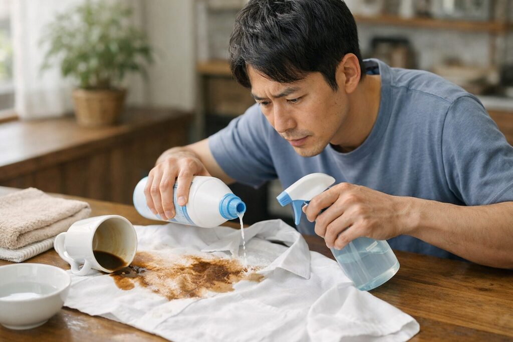 日本人男性がハイターでコーヒー染み抜き