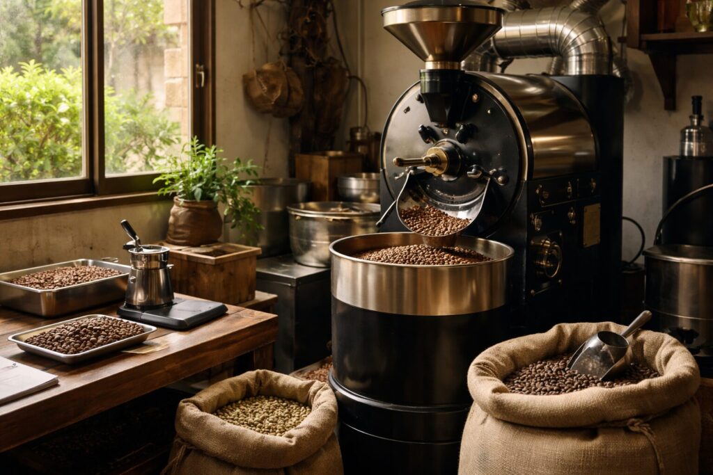コーヒー焙煎機と豆の作業風景