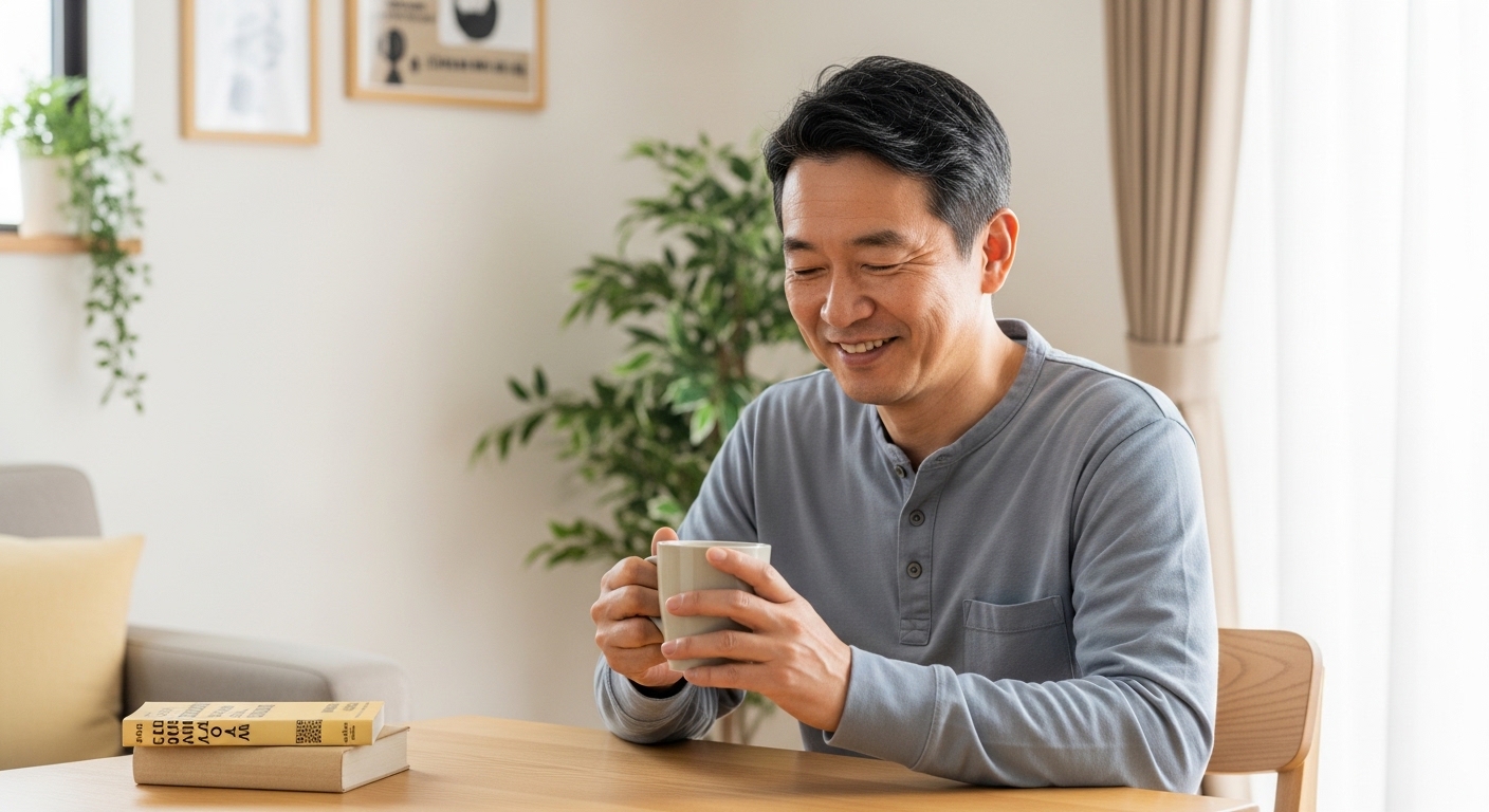 完全無欠コーヒーを楽しむ男性が、バターとMCTオイルを加えた一杯で朝の時間を過ごす健康志向を表すイメージ画像