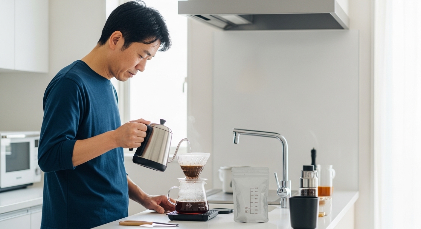 日本人男性がアメリカンコーヒーを抽出する様子
