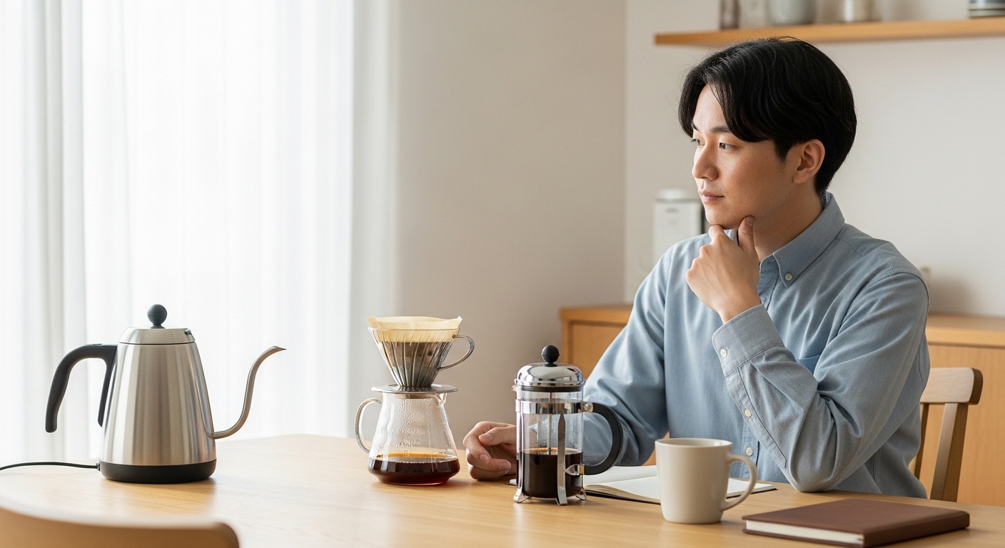 日本人男性がお茶パックでコーヒー抽出