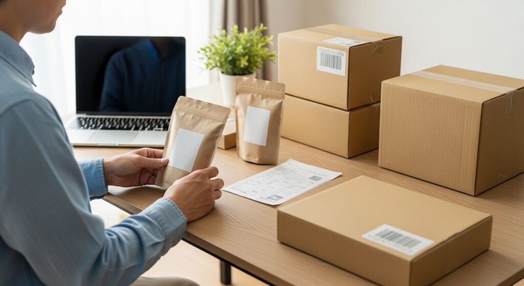 日本人女性が手網で豆を焙煎する様子