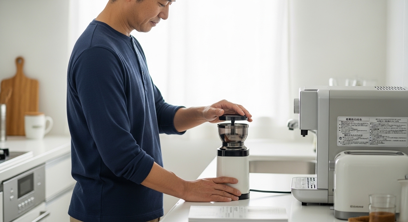 日本人男性がバルミューダミルの挽き目調整