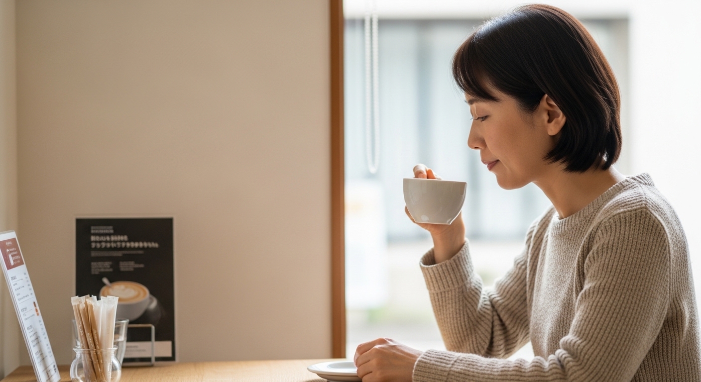 日本人女性がカプチーノの泡を整える