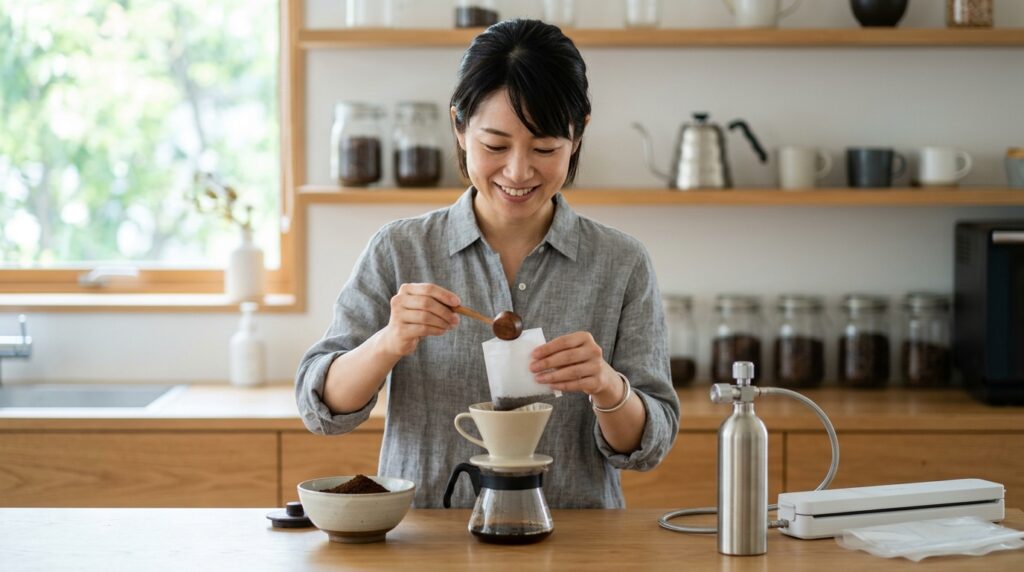 ドリップバッグを自作して窒素充填する方法をテーマに、コーヒーの鮮度管理や包装作業の様子を表すイメージ画像