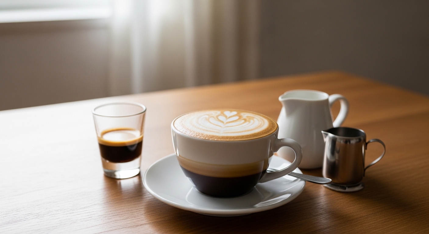 フォームミルクが美しく重なったカプチーノとコーヒーツールが並ぶ落ち着いたカフェ風の空間
