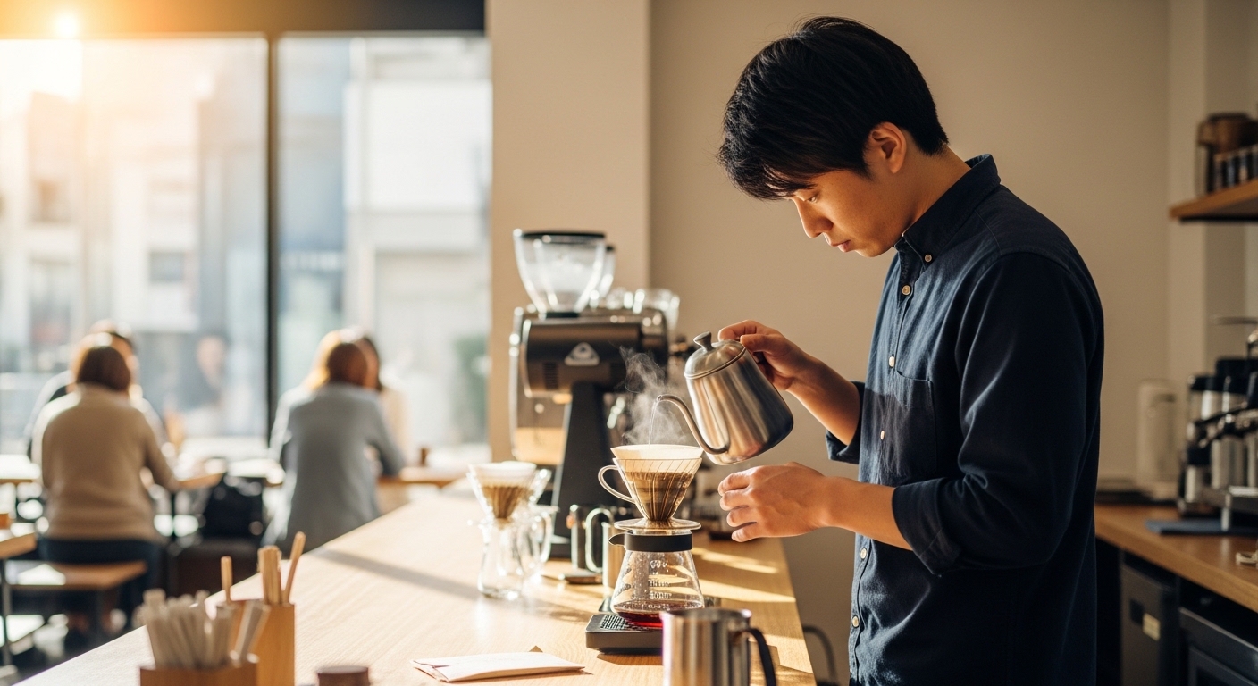 大阪のカフェでコーヒー店を営む日本人男性