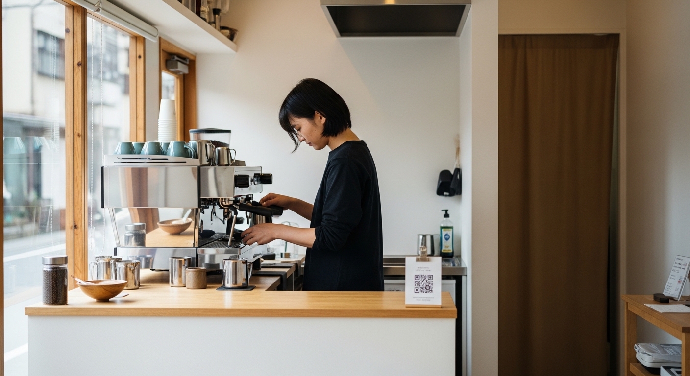 小さいカフェを開業する夢に向けて、女性店主がメニューや内装を考えながら準備を進める温かな店内の様子