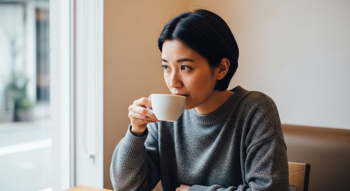 ちょっと贅沢な珈琲店の味を確認する日本人女性