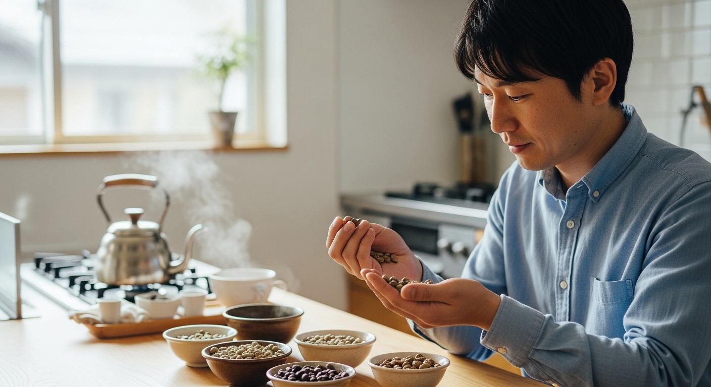 日本人男性が珈琲生豆を選ぶ様子