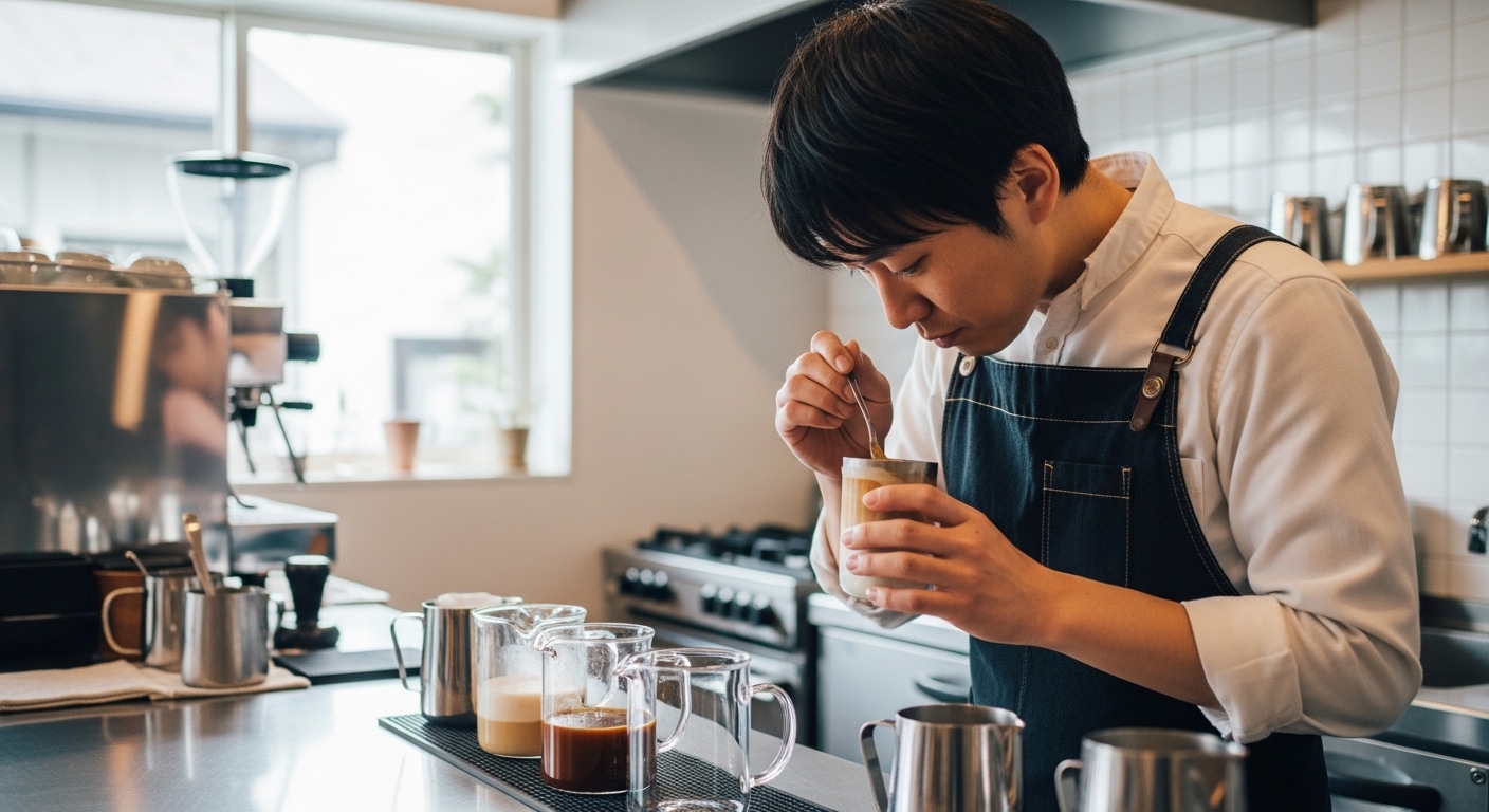 ラテOEMの流れを確認する日本人男性