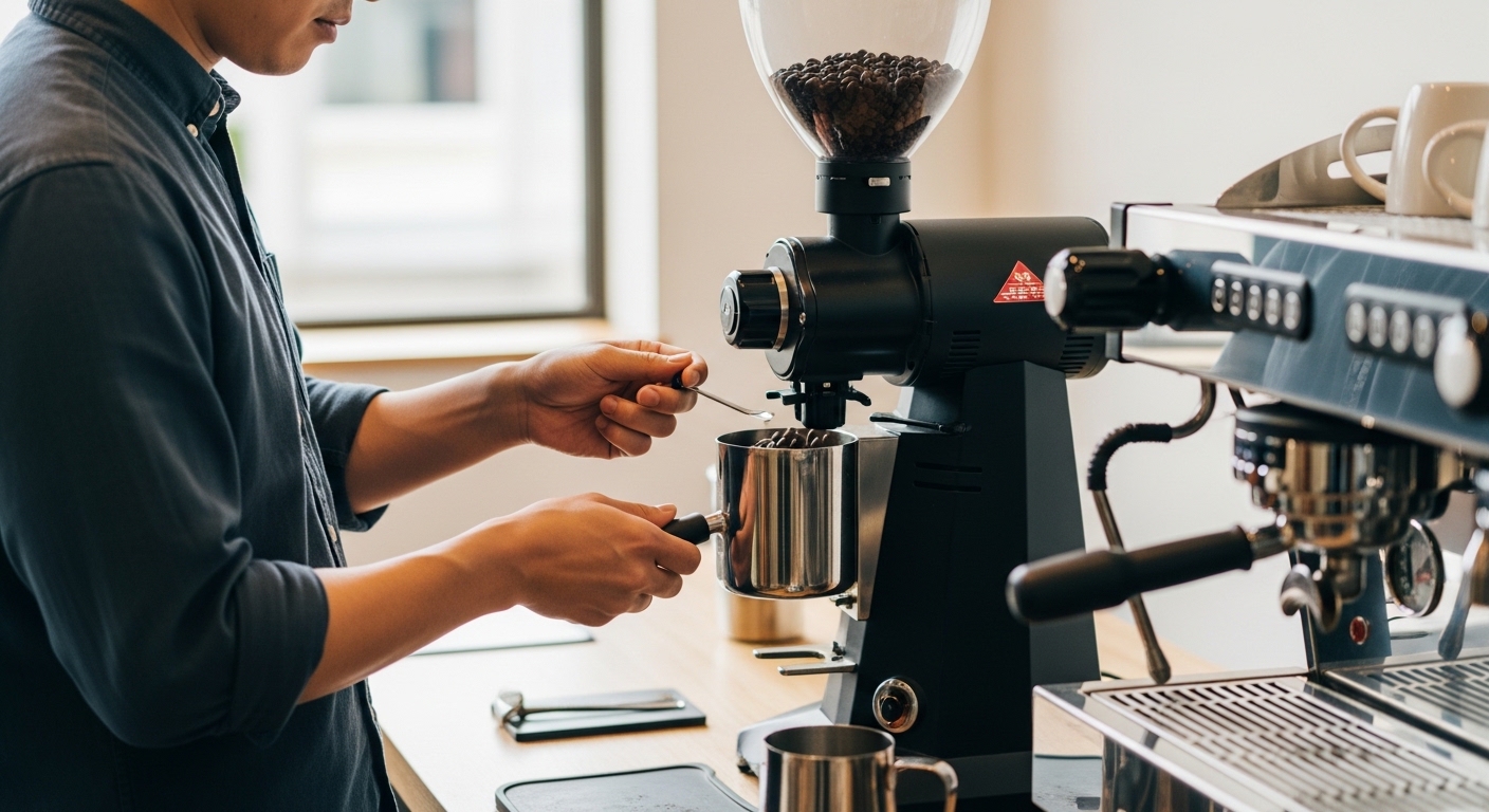 日本人男性が業務用ミルの刃を確認