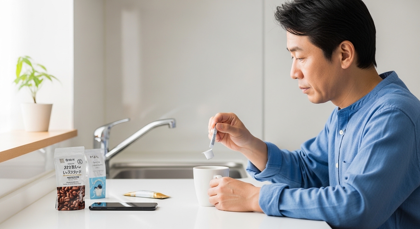 日本人男性がコーヒーにクリープ1本分を入れる様子