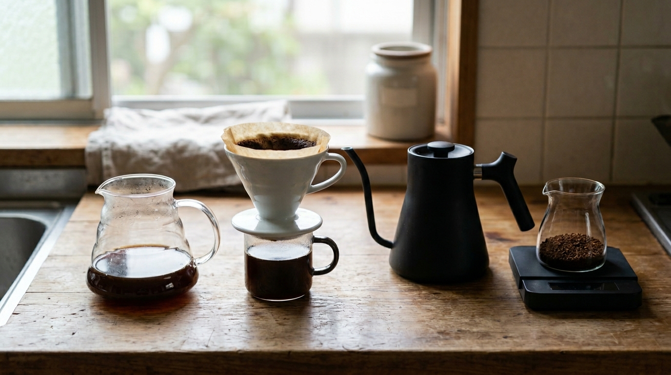 150ccと150mlの違いを比較できるコーヒー器具や計量カップが並ぶ落ち着いたカフェ空間