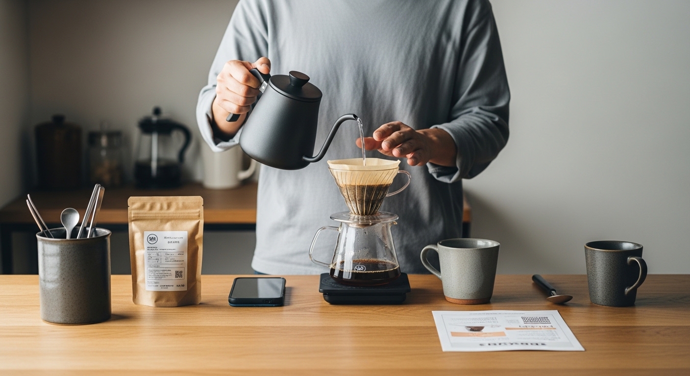 コーヒーレシピアプリを見ながら抽出レシピを調整し、自宅で本格ハンドドリップを楽しむ男性のコーヒー時間