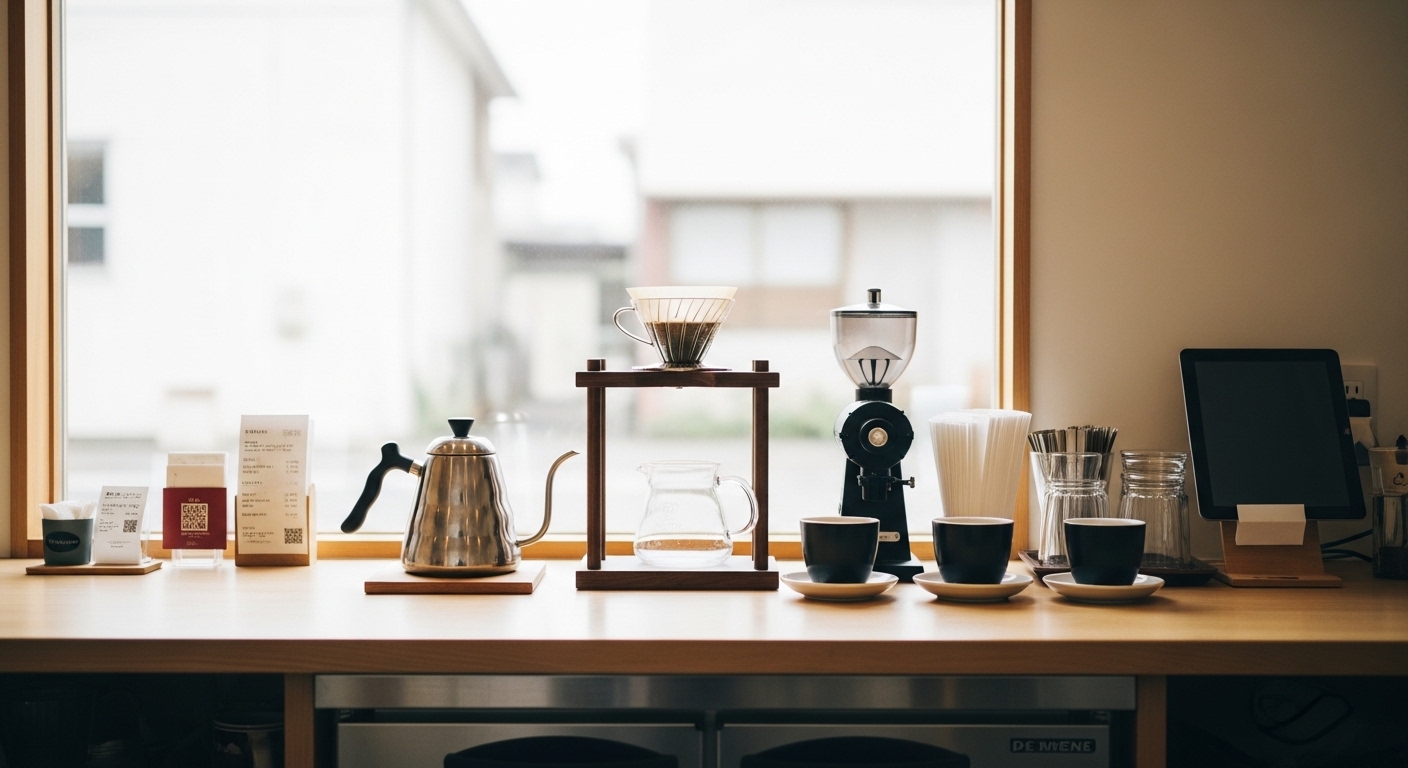 猿田彦珈琲のスペシャルティコーヒーとドリップ器具が並ぶ、香り高いカフェ空間をイメージしたシーン