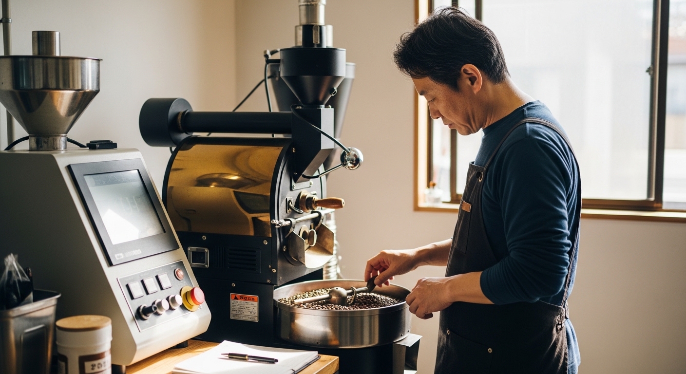 コーヒーを焙煎して自宅販売を始めるため、小型焙煎機で豆をローストしながら準備を進める男性の作業風景
