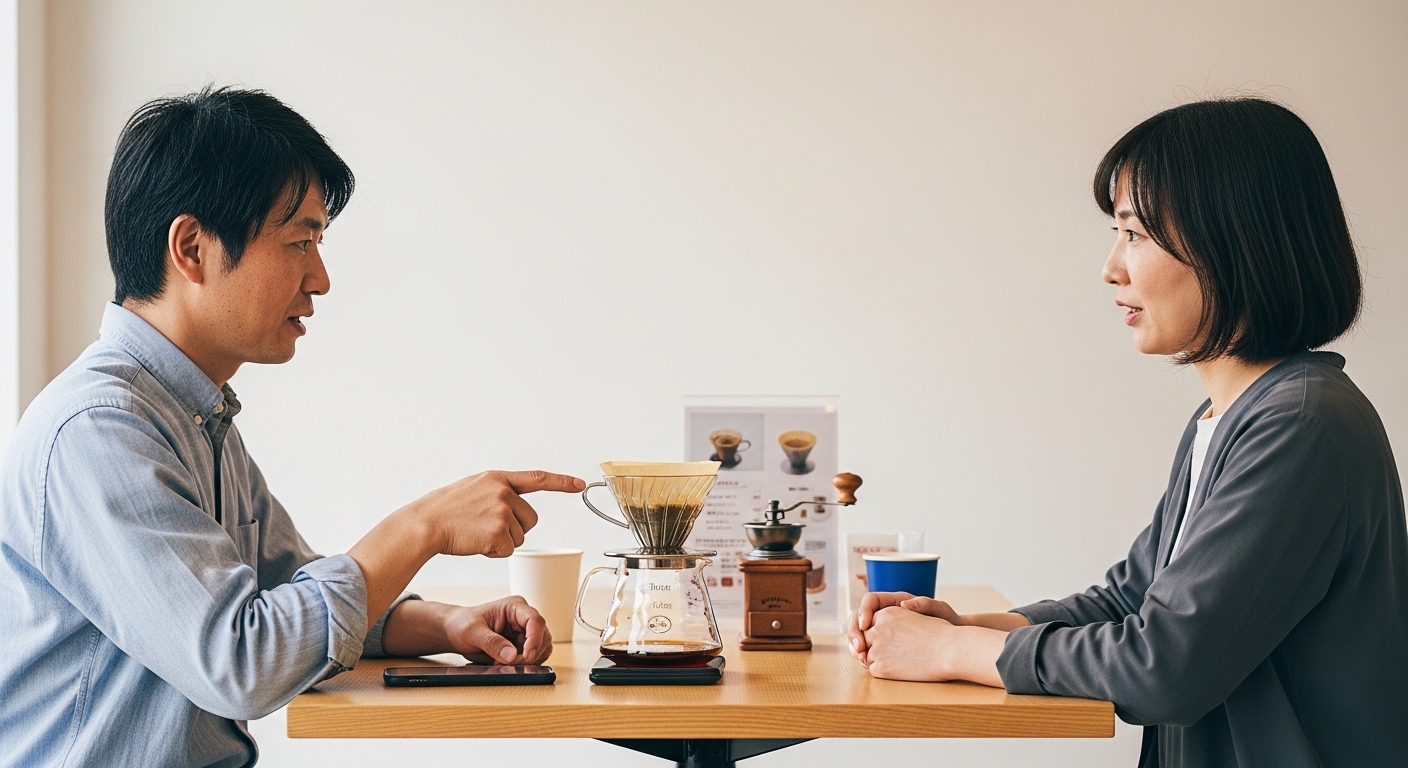 セラミックコーヒーフィルターのデメリットを検証しながら、自宅で抽出後の味や手入れを確認する男性のコーヒー時間