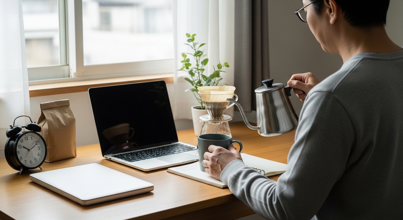 カプセル式コーヒーメーカーランキングを比較しながら、自宅で好みの抽出方式を試す男性のコーヒー時間