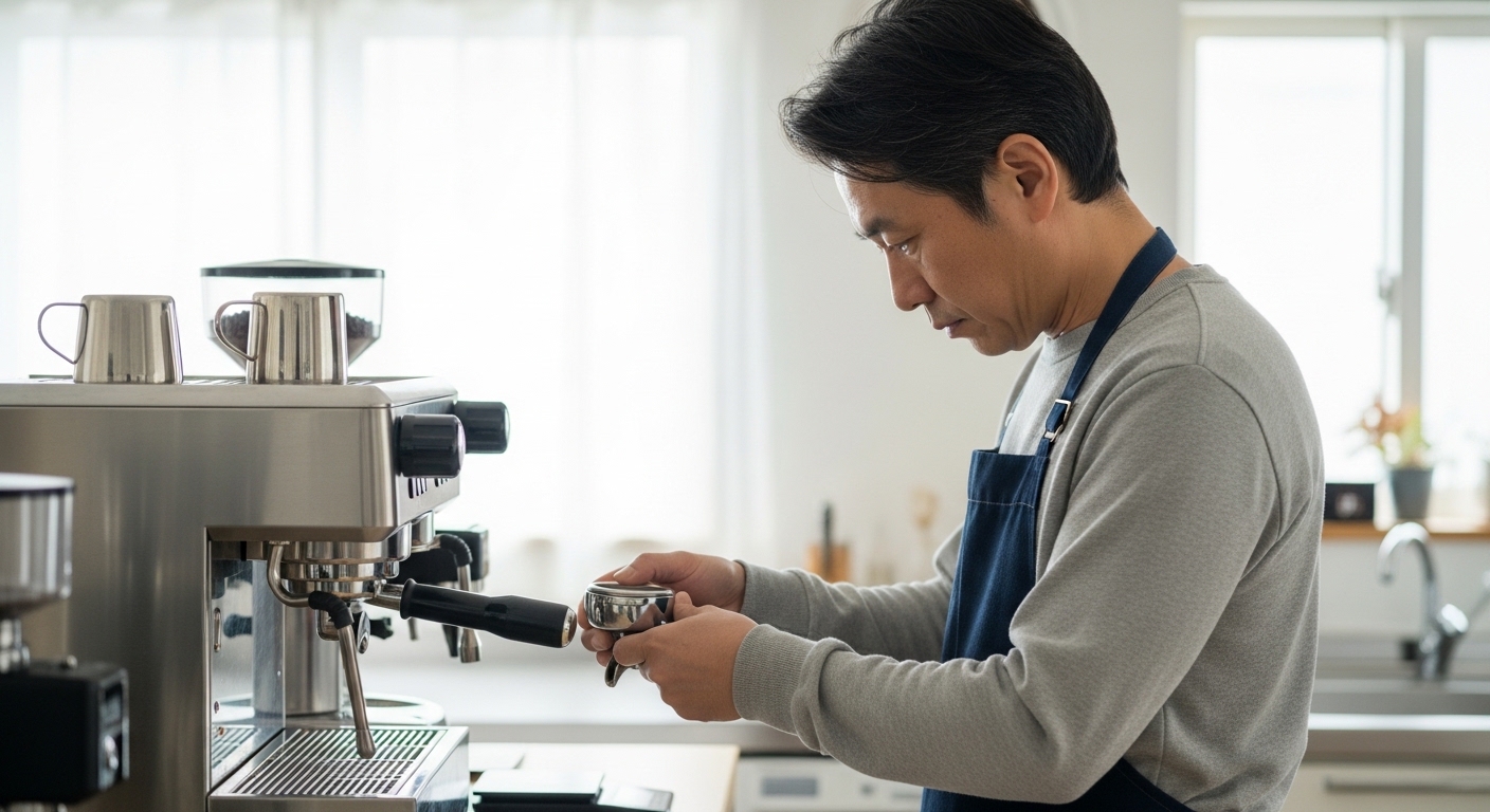 家庭用コーヒー焙煎機を使い、焙煎度を調整しながら自宅で本格的なコーヒー作りを楽しむ男性の時間