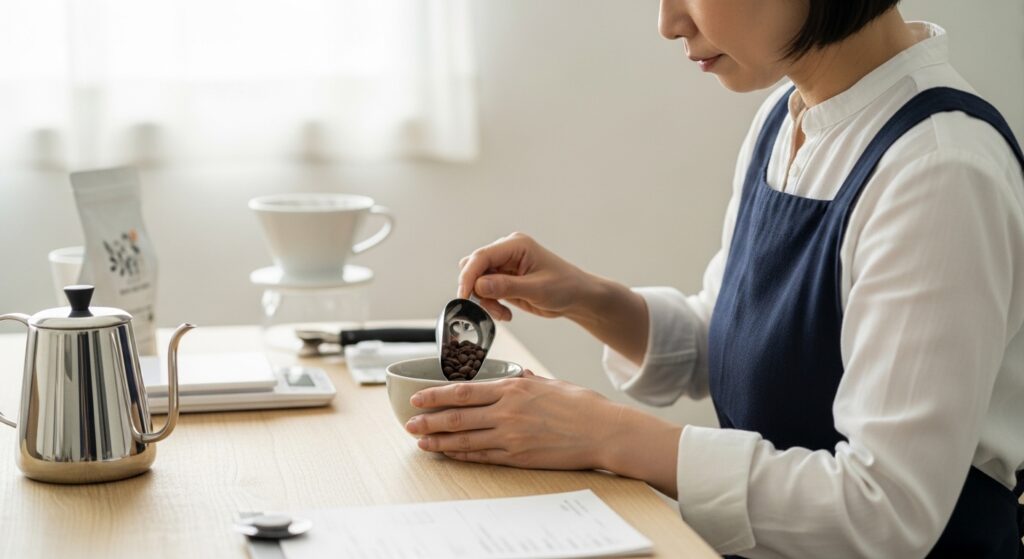 コーヒー豆通販のコスパを比較するために焙煎豆や器具を並べて判断軸を確認しているイメージ