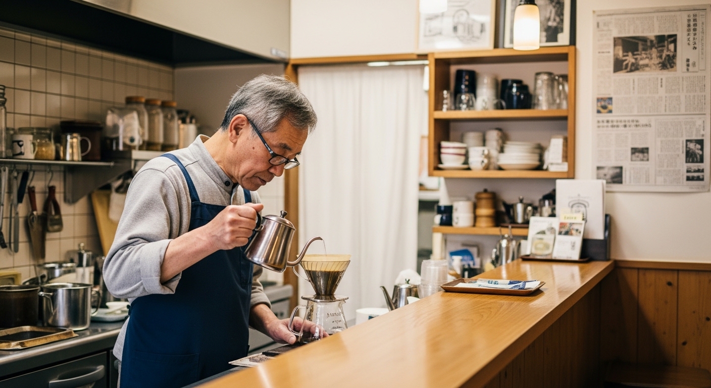 猿田彦珈琲のスペシャルティコーヒーを飲み比べしながら、味の個性や酸味の強さについて考える男性のカフェ時間