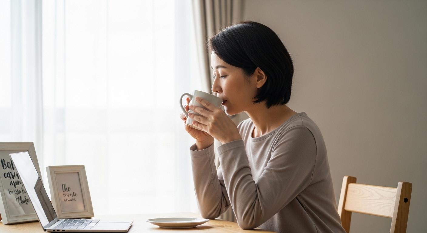 リーズナブルなコーヒーミルを手に取り、自宅カフェ用に使いやすい一台を探す女性の落ち着いた朝時間