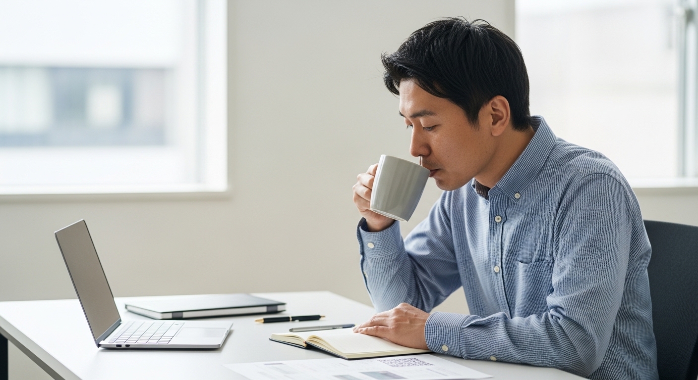 コーヒーソムリエ勉強に使う本を比較しながら、独学合格を目指して集中して学習する男性のデスク風景