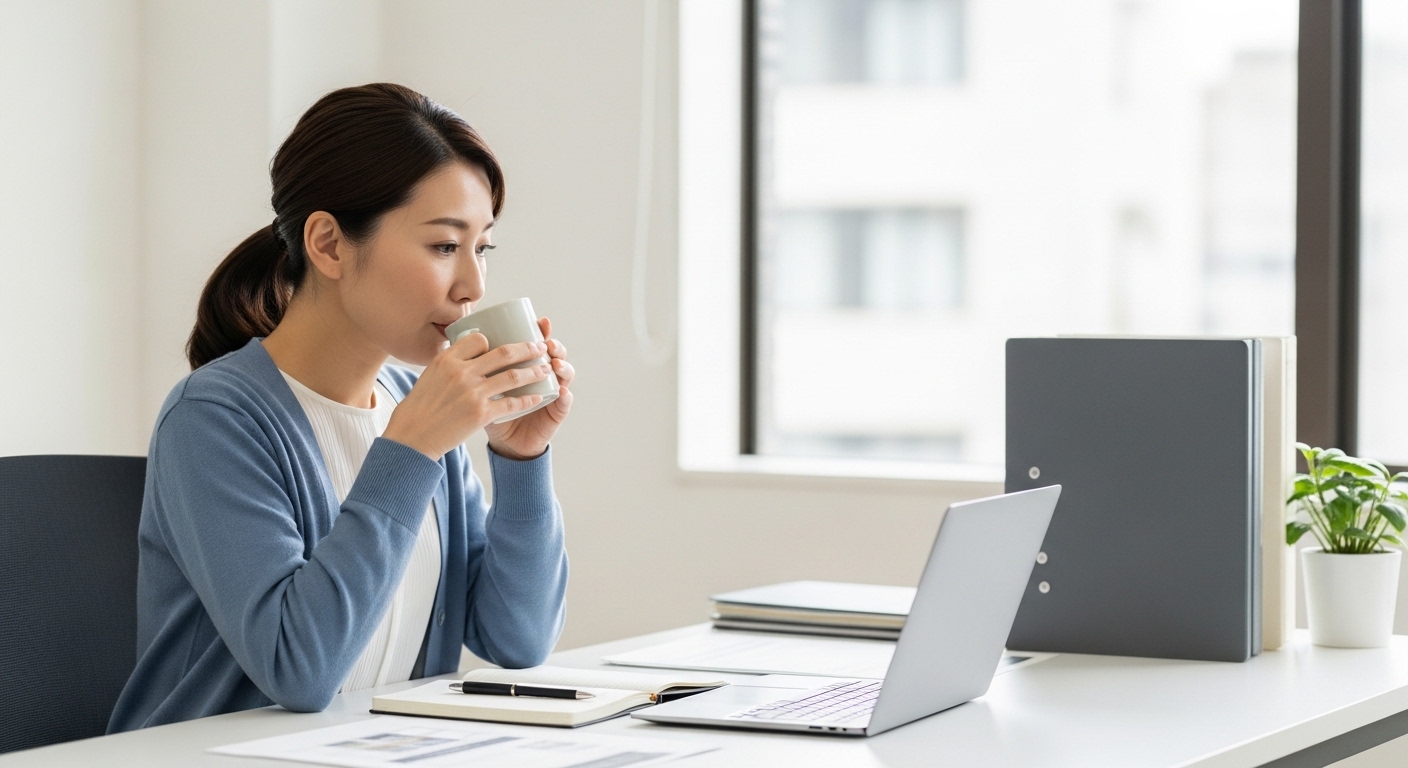 ガムシロップと砂糖を並べてコーヒーの甘さの違いを楽しむ女性の落ち着いたカフェ時間