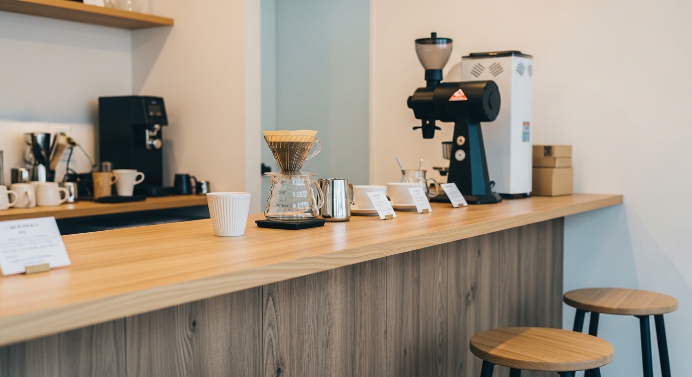 浅煎りコーヒー市販商品のパッケージや豆が並び、スーパーでは見つけにくい雰囲気を表現した構図