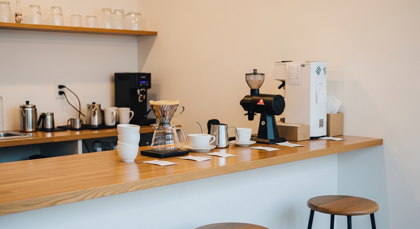 ドリップバッグ用シーラーやコーヒー袋、焙煎豆が整然と並ぶカフェ工房風の作業スペースイメージ